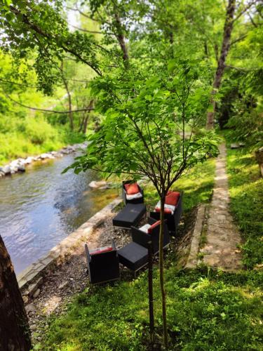 une rangée de chaises assises à côté d'une rivière dans l'établissement Cvjetna oaza, à Višegrad
