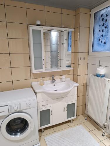 uma casa de banho com uma máquina de lavar roupa e um lavatório em ALEX HOUSE em Kavala
