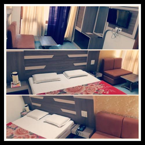 two pictures of a room with two beds and a couch at AASHIRWAD HOTEL in Katra
