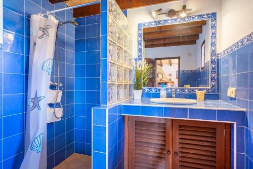 a blue tiled bathroom with a sink and a mirror at Ses Oliveres in Campos