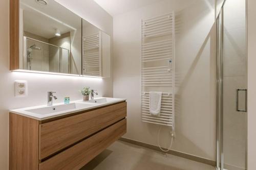 y baño con lavabo y ducha. en Modern apartment located on the square of De Panne, en De Panne