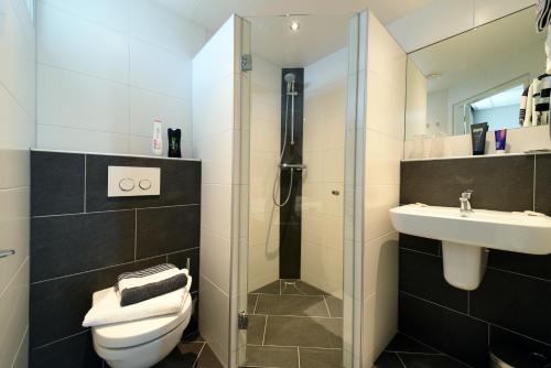 a bathroom with a shower and a toilet and a sink at Kodde Studio in Aagtekerke