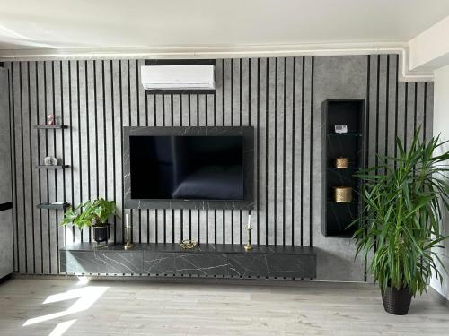 a living room with a television on a wall at Kate Studio in Galaţi
