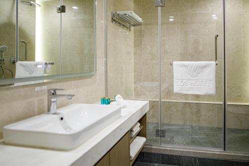 a bathroom with a sink and a glass shower at LDS Hotel Belgrade in Belgrade