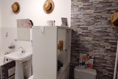 une salle de bain avec un lavabo et un réfrigérateur dans l'établissement Ty Loca Loca Proche mer et centre-ville Parking privatif, à Concarneau