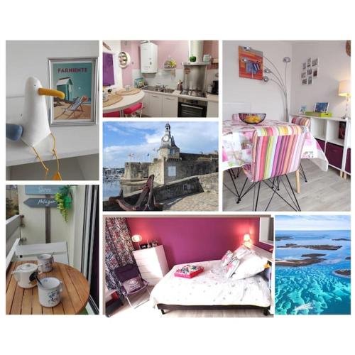 un collage de photos d'une cuisine et d'une chambre dans l'établissement Ty Loca Loca Proche mer et centre-ville Parking privatif, à Concarneau