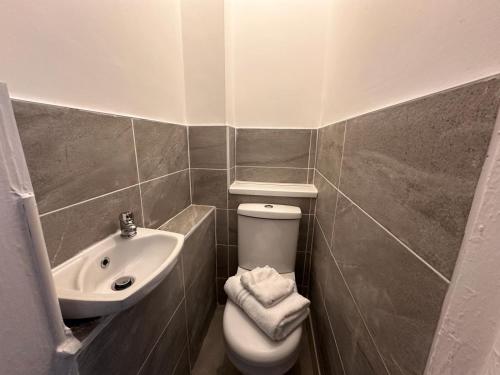 a small bathroom with a toilet and a sink at Partick Apartment in Glasgow