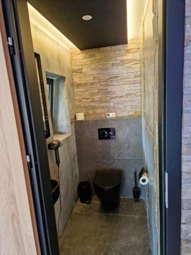 a small bathroom with a toilet and a stone wall at Relax Vila se zahradním wellness in Ostrava