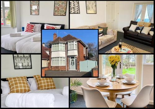 un collage de fotos de una sala de estar con una casa en University View-Off-Street Parking-Sleeps 8-Fast WiFi en Nottingham