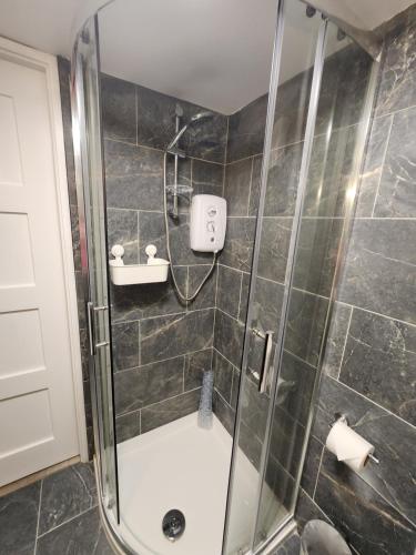 y baño con ducha y puerta de cristal. en Atlantic Way Urban Escape en Galway