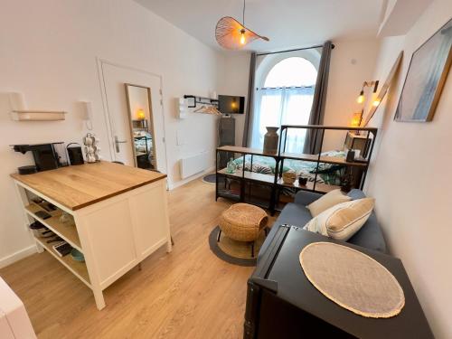 a living room with a couch and a table at L’Albizia- Centre -TV WIFI-Cozy in Narbonne