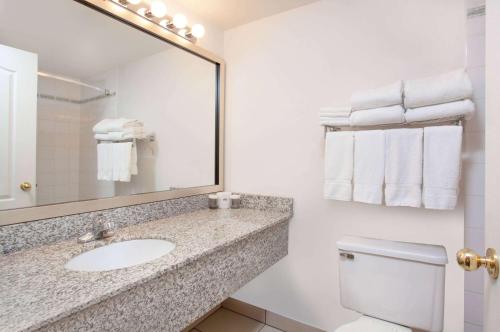 a bathroom with a sink and a mirror and a toilet at Ramada by Wyndham Red Deer Hotel & Suites in Red Deer