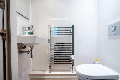 ein Bad mit einem WC und einem Waschbecken in der Unterkunft Spacious, Bright & Cosy ~ Ideal Victoria Location! in London