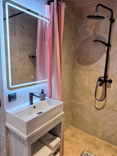 a bathroom with a sink and a shower at Kraavi Guest Hostel in Kuressaare