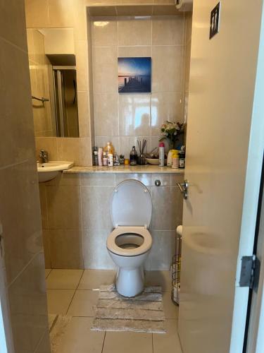 a bathroom with a toilet and a sink at Affordable Room to Rent for Short Stay in Abbey Wood