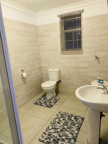 a bathroom with a toilet and a sink at Mariette's Cottage in Arniston