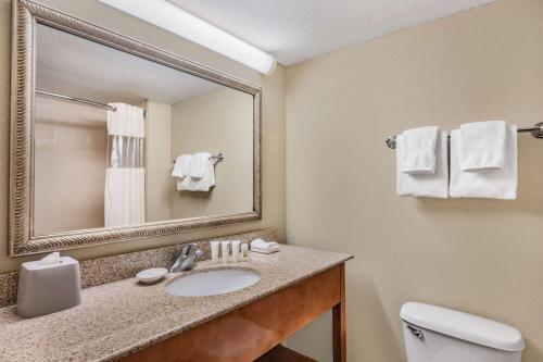 a bathroom with a sink and a mirror and a toilet at La Quinta by Wyndham Minneapolis-Minnetonka in Minnetonka