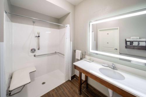 a white bathroom with a sink and a shower at La Quinta by Wyndham Houston NW Beltway8/WestRD in Houston