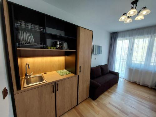 een keuken met een wastafel en een bank in een kamer bij Willa Szafir z WIDOKIEM NA ZALEW in Krynica Morska