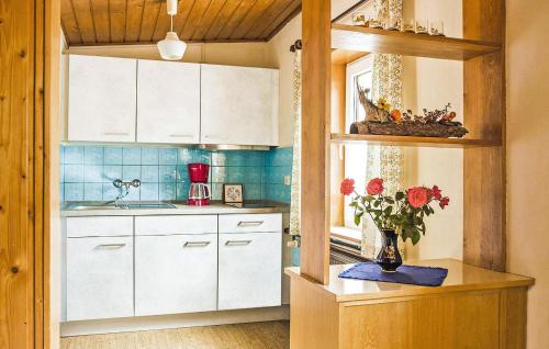 una cocina con armarios blancos y un jarrón de flores en Pet Friendly Home In Breitenbrunn With Kitchen en Breitenbrunn