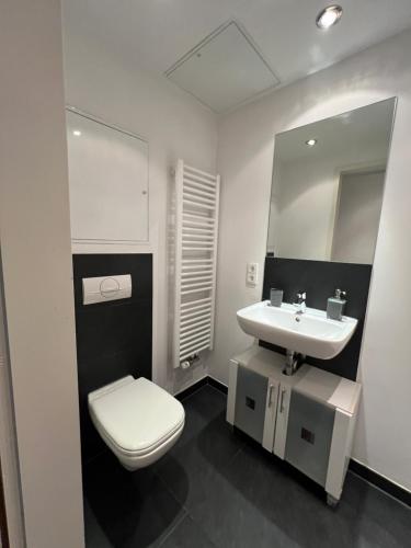 ein weißes Bad mit einem WC und einem Waschbecken in der Unterkunft The Livingroom Apartment Cologne in Köln