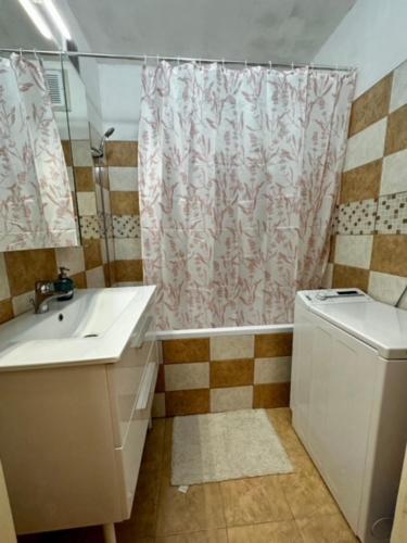 a bathroom with a sink and a shower curtain at Asgard Apartman in Zalaegerszeg