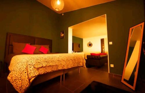 - une chambre avec un lit doté d'oreillers rouges et d'un miroir dans l'établissement Studio Cosy, jardin privatif, à Genilac