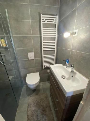 une salle de bain avec toilettes, lavabo et douche dans l'établissement La Casa San Biaggio, à Ajaccio