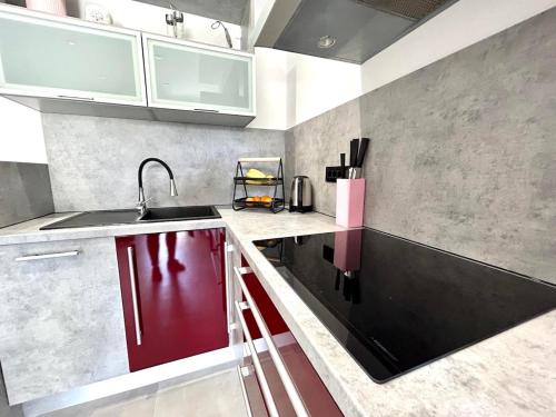 a kitchen with a sink and red cabinets at Apartment Diva in Zambratija