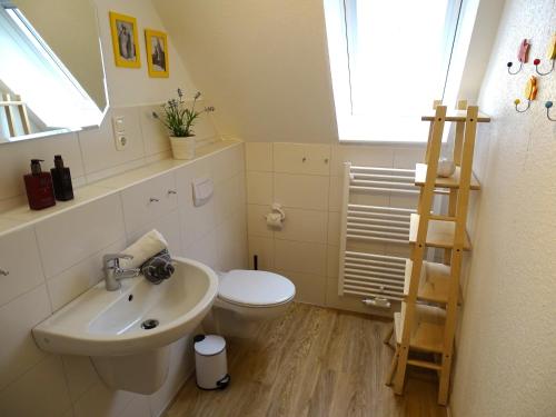 a bathroom with a white toilet and a sink at Seeigel in Gruberhagen
