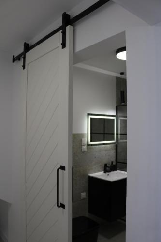 een schuifdeur in een badkamer met wastafel bij Apartament Orania 60m2 z ogrodem, tarasem, grillem in Gdańsk