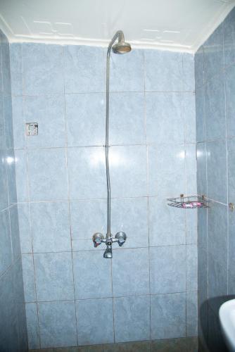 a shower in a bathroom with blue tiles at New Court View Hotel in Masindi