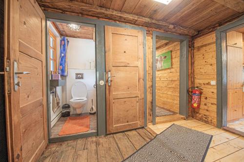 a bathroom with a toilet in a room with wooden walls at Plan B Appartementen in Bad Kleinkirchheim