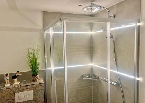eine Dusche mit Glastür im Bad in der Unterkunft Strandhotel 21 in Laboe