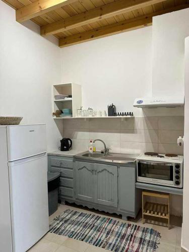 a kitchen with a white refrigerator and a microwave at SPITAKI in Kalymnos