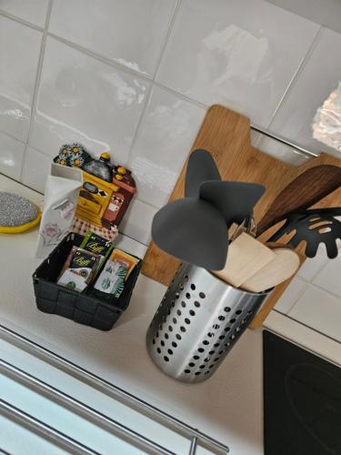 a kitchen counter with a trash can on a counter top at Casa Elisa e Casa Giuliana a Badalucco in Badalucco