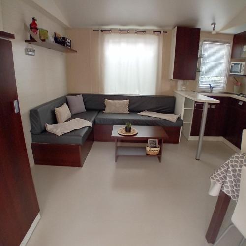 un salon avec un canapé et une table dans l'établissement Mobilhome 6 pers PLAGE À 500M, à Plage dʼArgelès