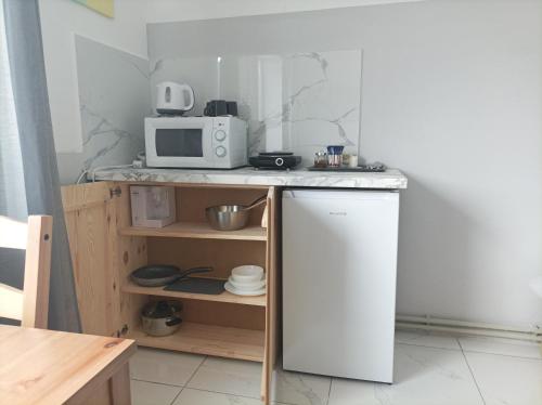 Il comprend une petite cuisine équipée d'un réfrigérateur et d'un four micro-ondes. dans l'établissement Za ohradami, à Závažná Poruba
