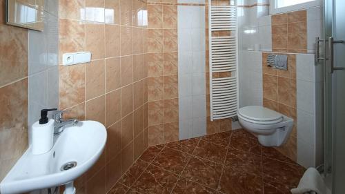 a bathroom with a sink and a toilet at Guest House Prague Airport in Prague