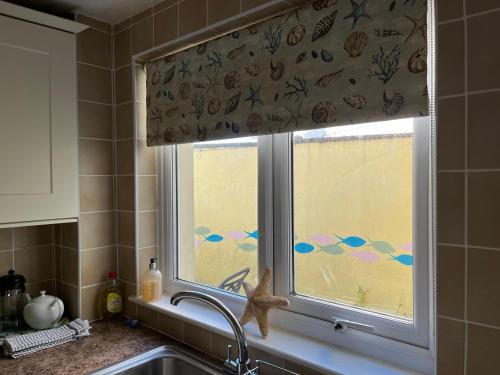 a kitchen sink with a window with a curtain at A Family Cottage in Tenby in Tenby