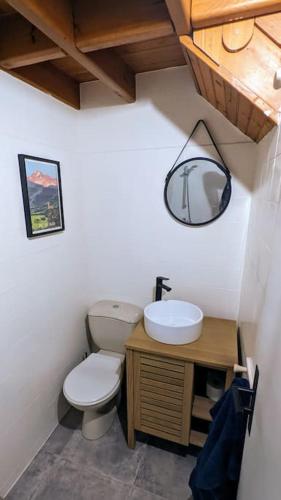 une petite salle de bain avec toilettes et lavabo dans l'établissement Petite maison de montagne, à Campan