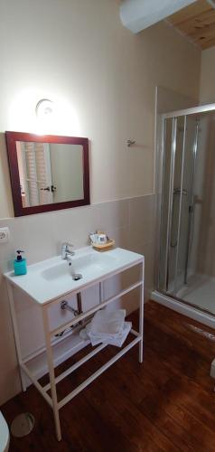 a bathroom with a sink and a shower at Hostal Camponaraya in Camponaraya
