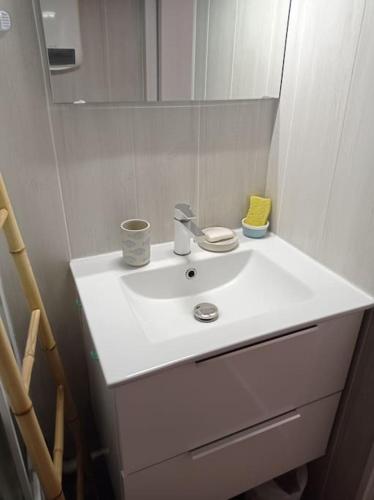 une salle de bain avec un lavabo blanc et un miroir dans l'établissement Un petit nid douillet en front mer et vue St Jean, à Saint-Jean-de-Monts