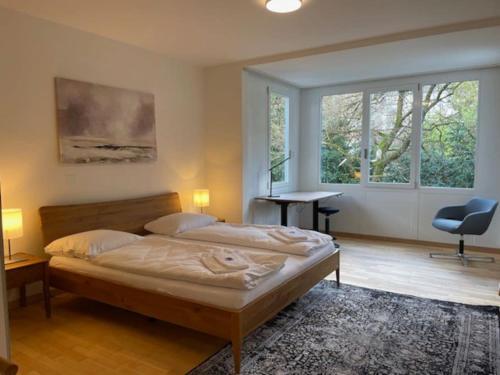 a bedroom with a bed and a desk and windows at Amazing 2 bedroom flat: specious and central (Duke2) in Zürich