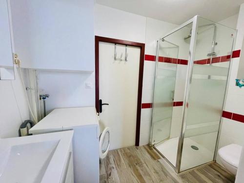 une salle de bain avec une douche, un lavabo et des toilettes dans l'établissement Maison Basque avec Terrasse, Clim, et Wi-Fi à 600m de la Plage - Arcachon - FR-1-433-69, à Arcachon