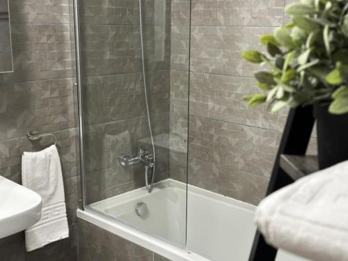 bagno con doccia, vasca e lavandino di Uno Blue Residence a Braşov