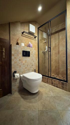 a bathroom with a toilet and a glass shower at Villa Regia in Košice