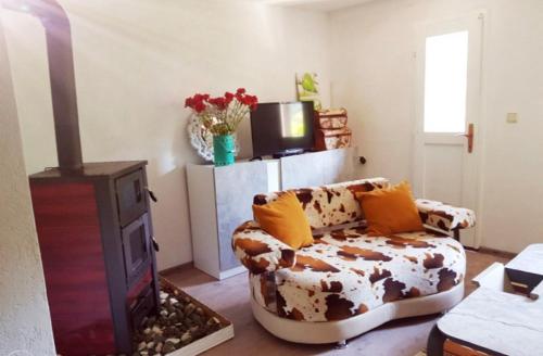 a living room with a couch and a stove at Pine Oasis in Zavidovići