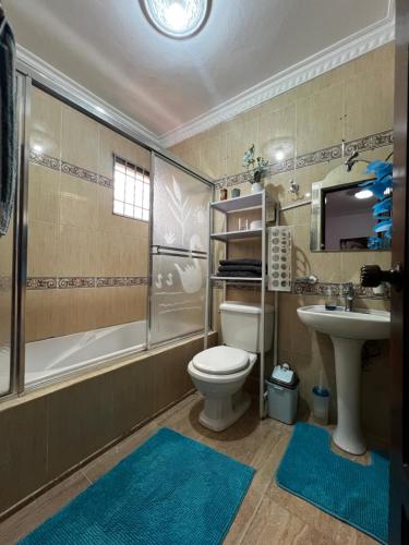 een badkamer met een toilet, een wastafel en een douche bij Casa Deisy in Santiago de los Caballeros