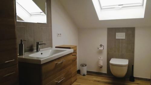 a bathroom with a sink and a toilet with skylights at FeWo "Im Städt´le" Immenstadt in Immenstadt im Allgäu